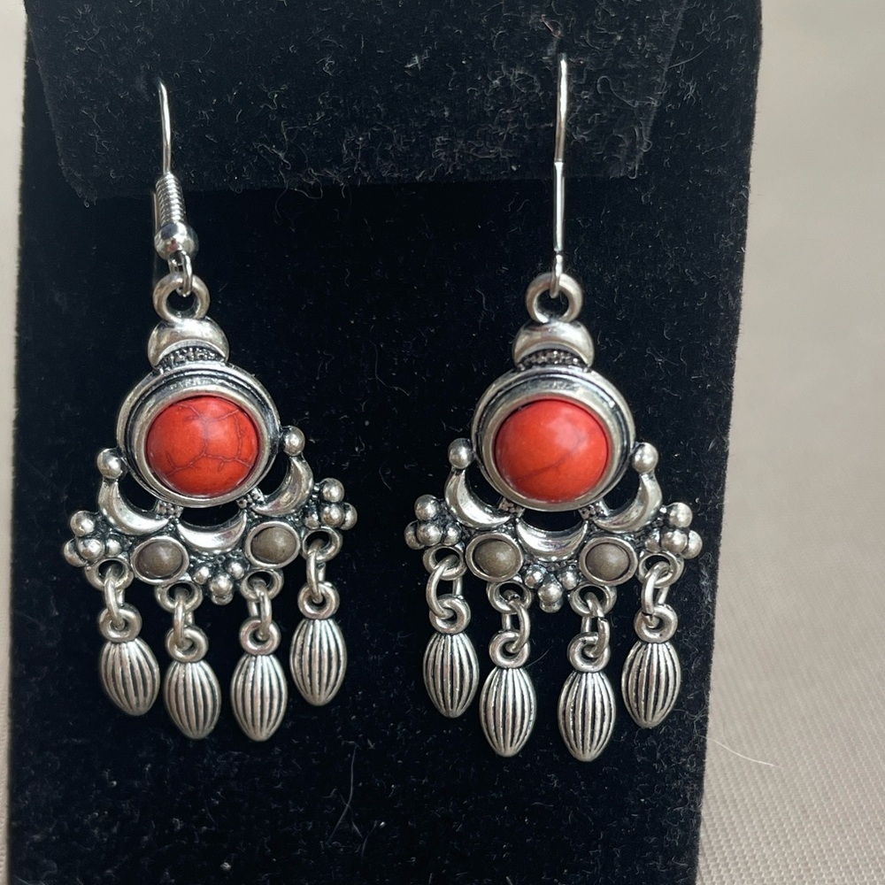 Elegant Silver and Red chandelier Dangle wired Earrings